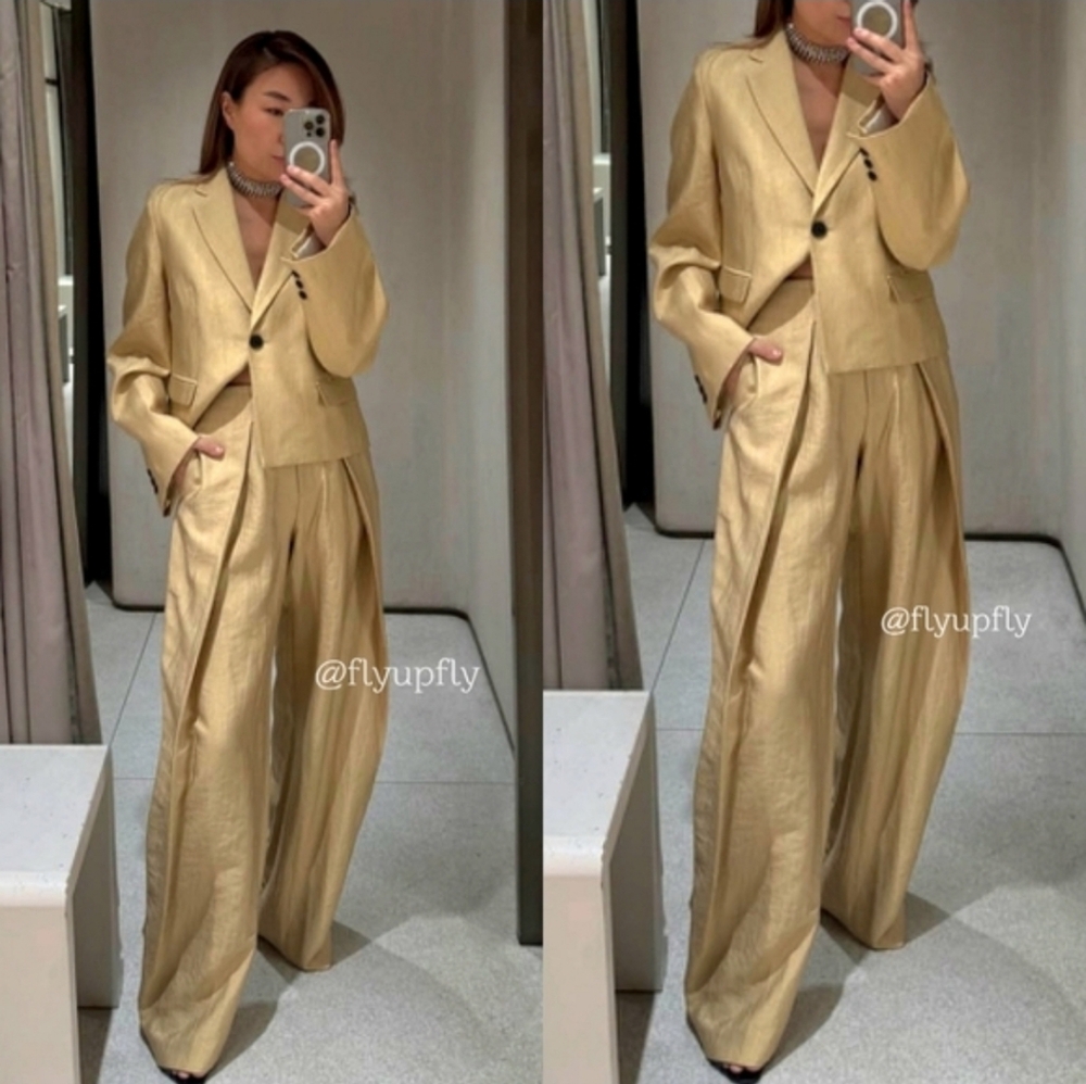 ZARA SET 2 pc METALLIC BLAZER JACKET AND WIDE PANTS GOLD SIZE S/M - Picture 9 of 13